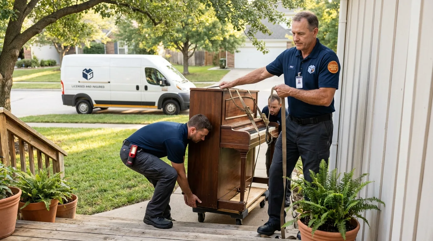 Licensed piano movers securing grand piano in Ozone Park, NY