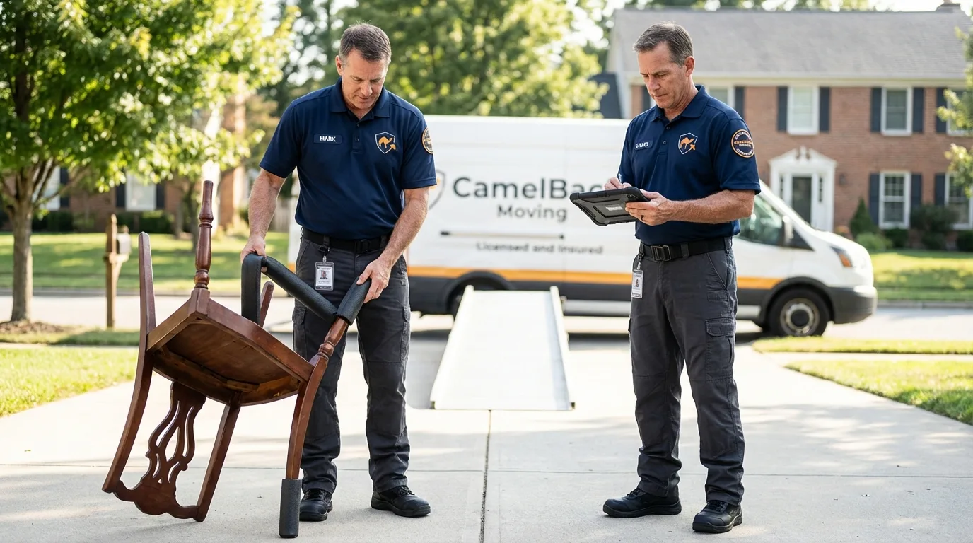 Movers inspecting furniture for damage prevention before loading in Ozone Park, NY